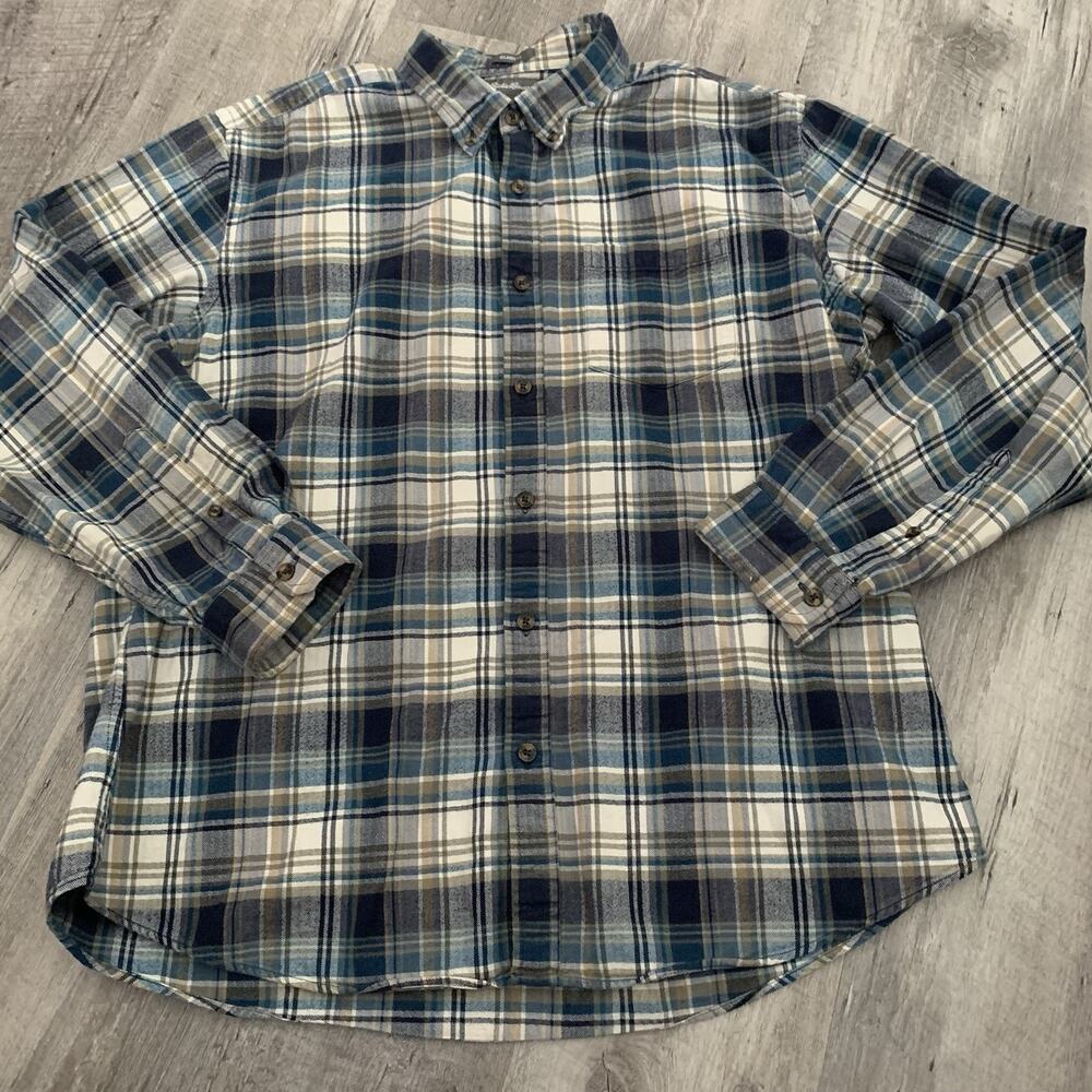 Eddie Bauer Flannel Shirt Mens Large Relaxed Blue Cream Plaid Button Up